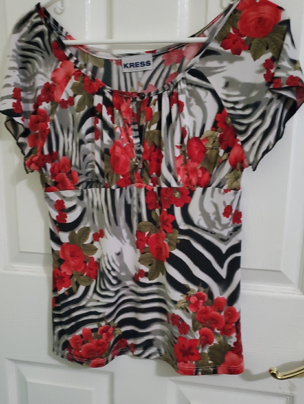Kress Y2K Fairy Red Floral & Zebra Print Empire Waist Flutter Sleeves Top M